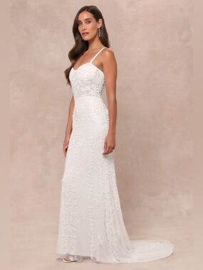 Lulu's Momentous Love White Beaded Bustier Mesh Mermaid Maxi Dress Med #1766 NWT